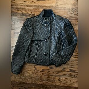 Vintage Peter Nygard Cropped Black Quilted Leather Military /Trench Style Jacket